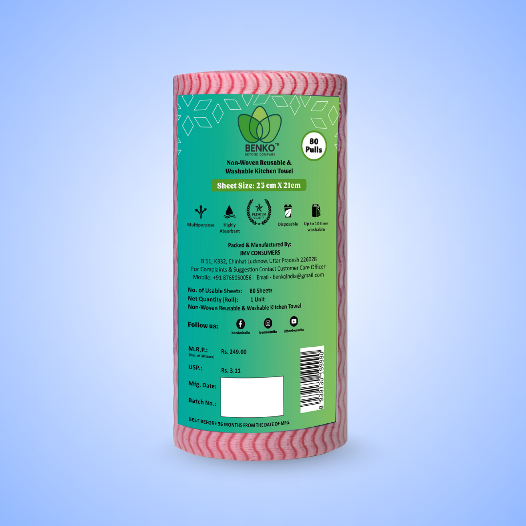 BENKO! Washable & Reusable Kitchen Towel Roll Pack of 1 (80 Sheet) | 21*23CM