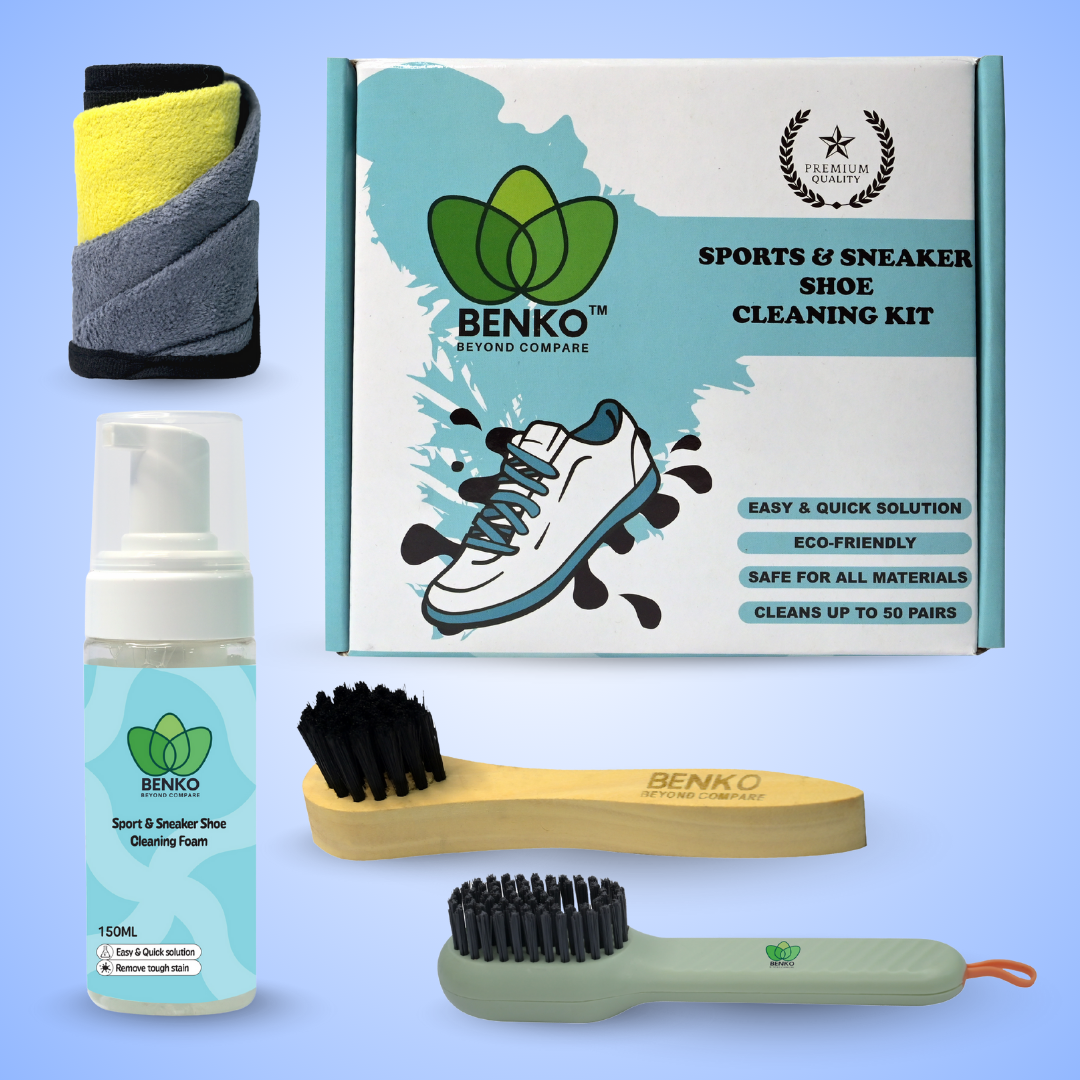 BENKO Complete Waterless Sport & Sneaker Shoe Cleaning Kit, 150ML, Soft Brush, Towels, Hard Brush