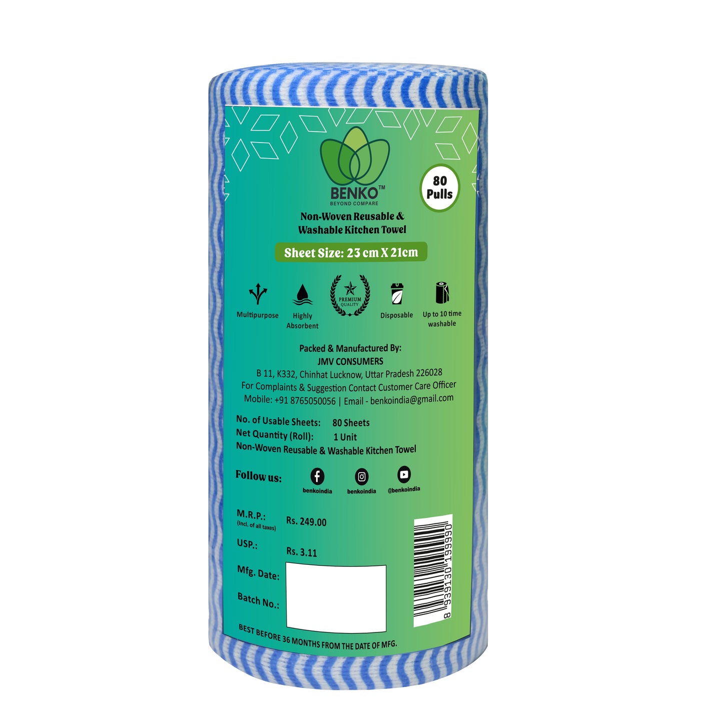 BENKO! Washable & Reusable Kitchen Towel Roll Pack of 1 (80 Sheet) | 21*23CM