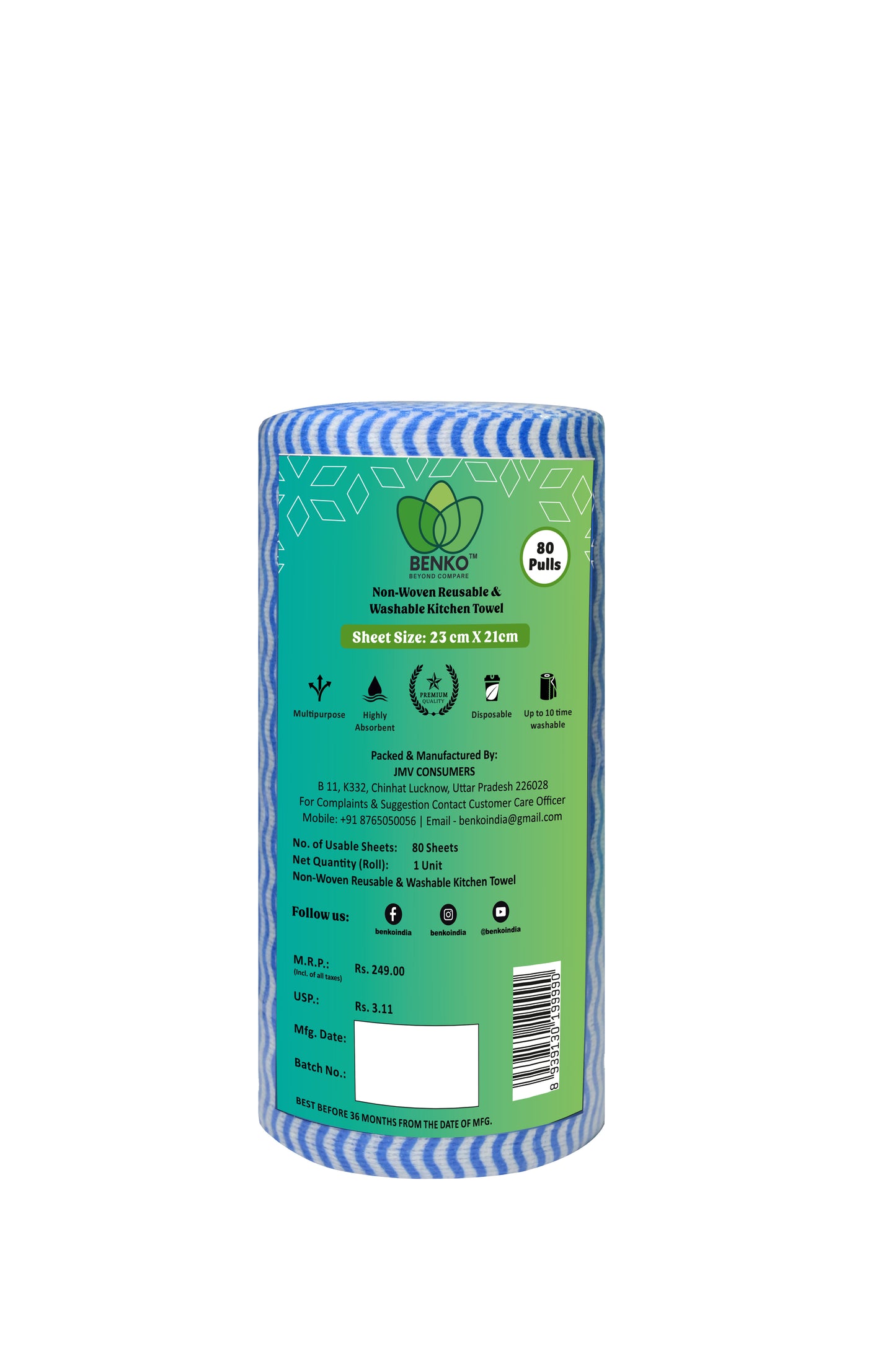 BENKO! Washable & Reusable Kitchen Towel Roll Pack of 4 (320 Sheet) | 21*23CM
