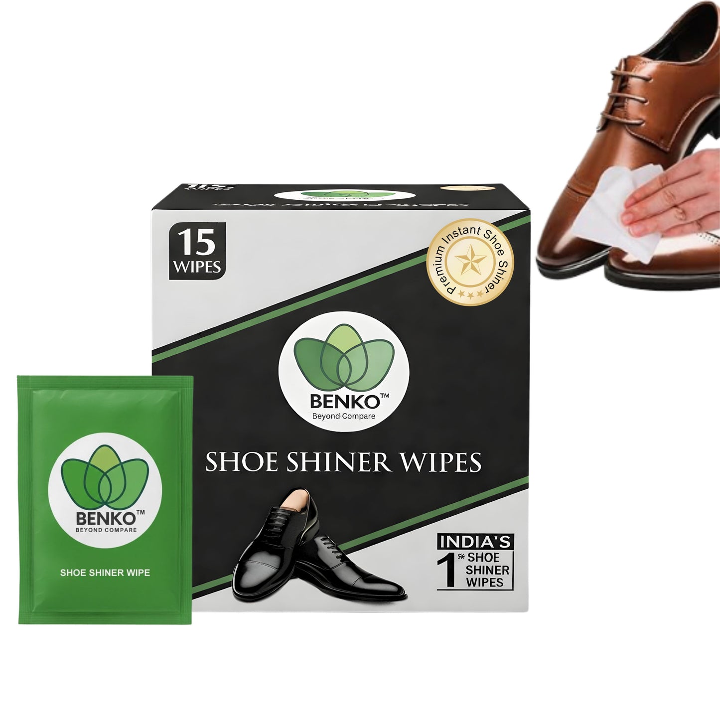 BENKO India’s 1st Shoe Shiner Wipes Pack of 15's | Shiner/Polish for all types Leather Footwear